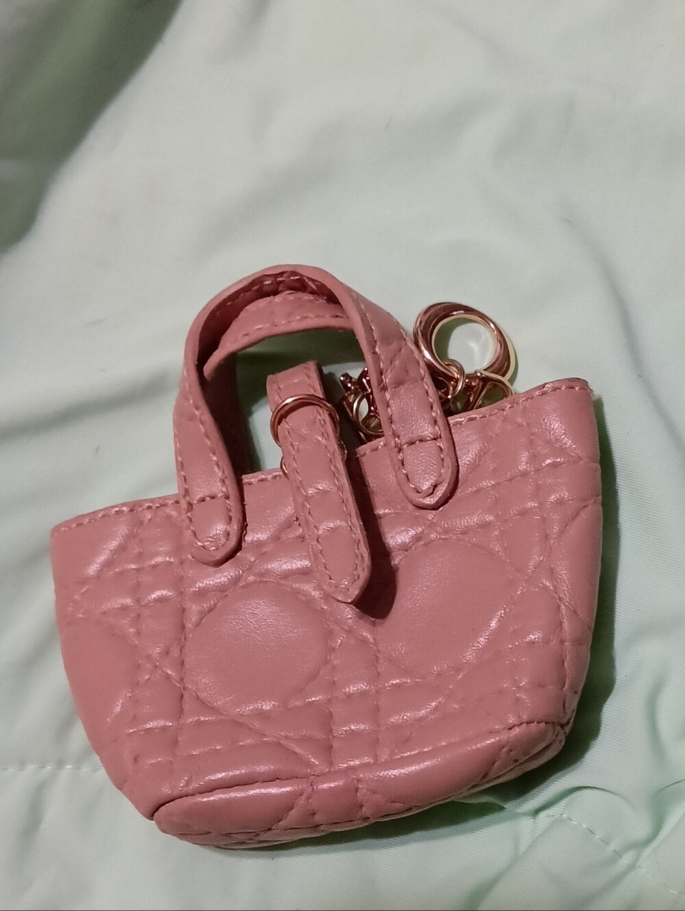 Mini Tan Cannage Quilted Bag Charm Tote W/ Gold Tone Leathers